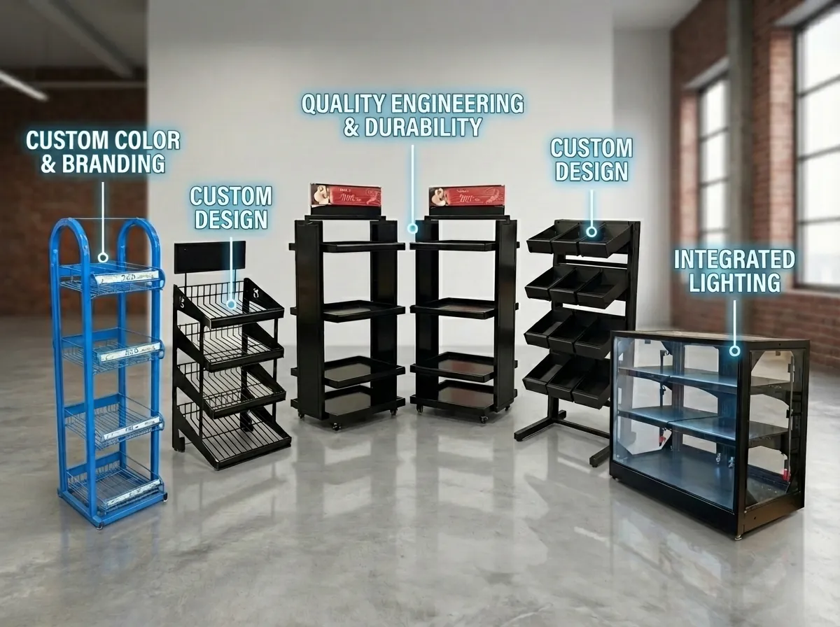 CDW custom retail fixtures showcasing custom color branding, designs, engineering, and integrated lighting