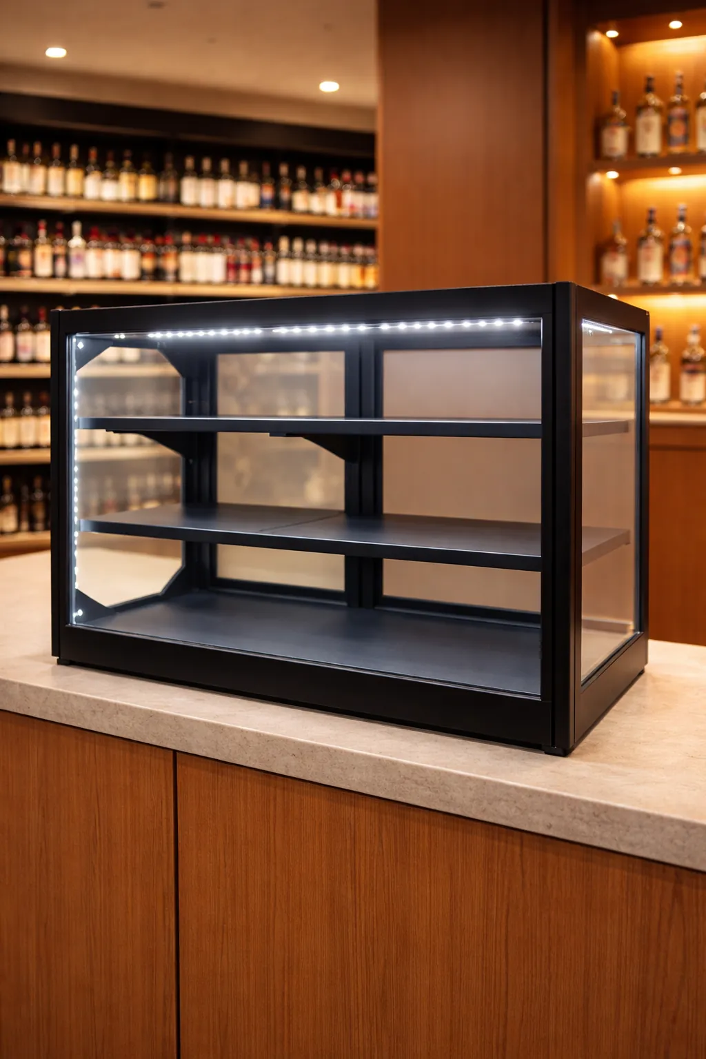 Double-sided locked liquor cabinet with LED-lit doors