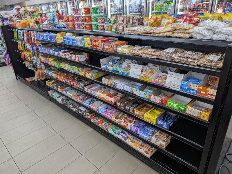 Shelves on 54 inch gondola with 10 inch narrow top shelf